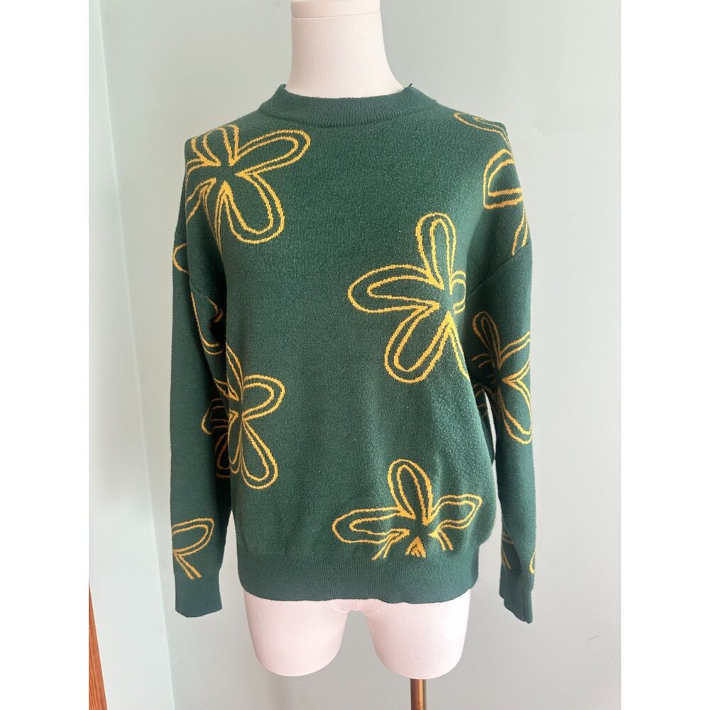 Dokotoo Womens Floral Crewneck Sweater Green Yellow Small